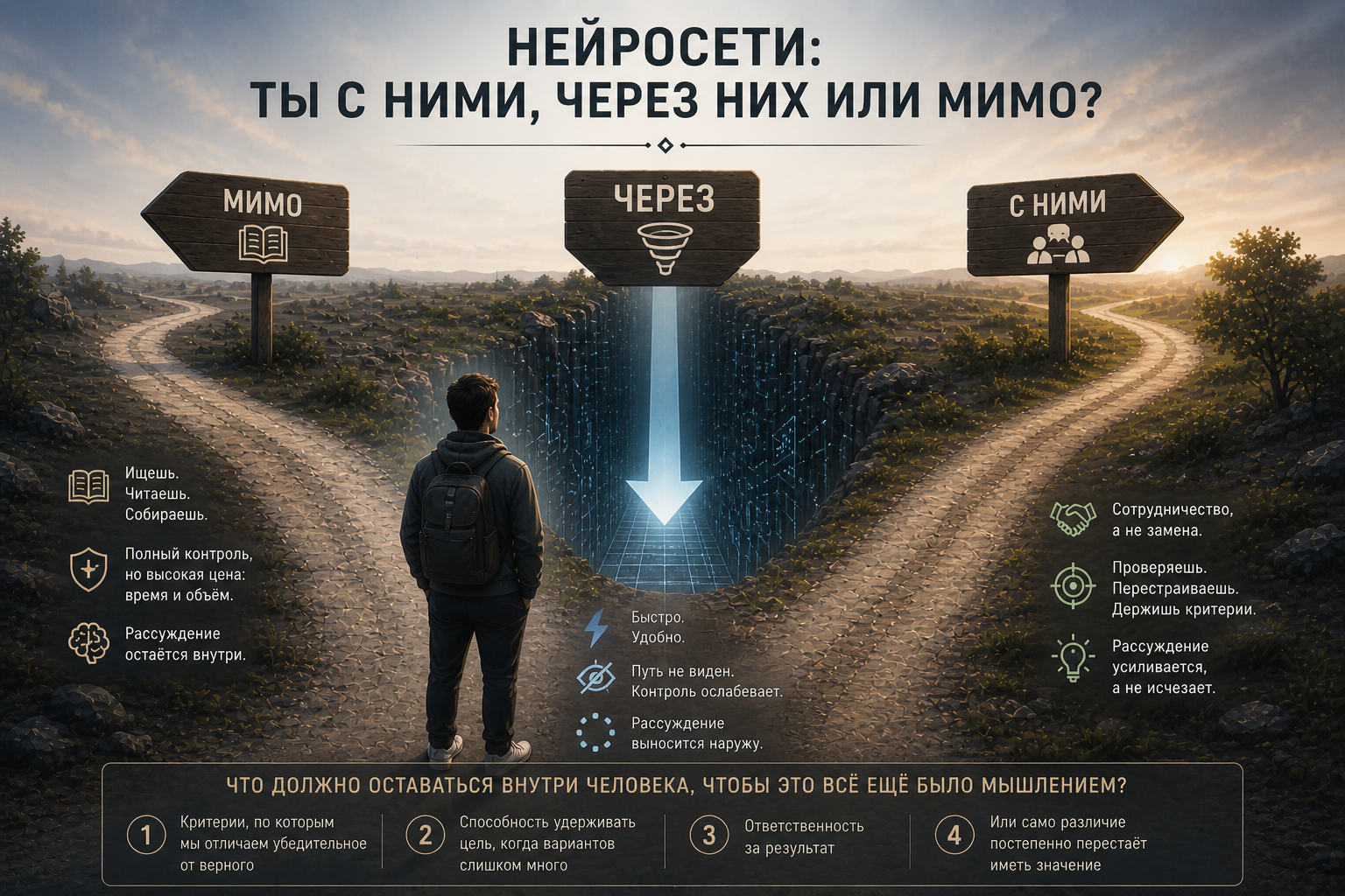 Нейросети все чаще дают нам не просто информацию, а готовое рассуждение. Но в какой момент удобство превращается в потерю контроля над собственной мыслью – и кто мы в этой новой логике: те, кто идет мимо, те, кто думает через нейросети, или те, кто учится думать вместе с ними?